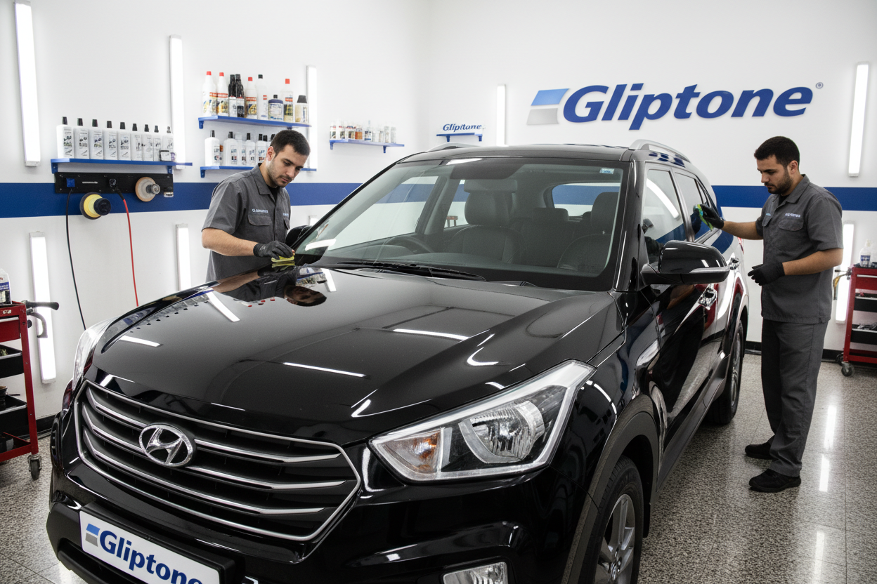 premium indian SUV creta doing ceramic coating in gliptone's garrage