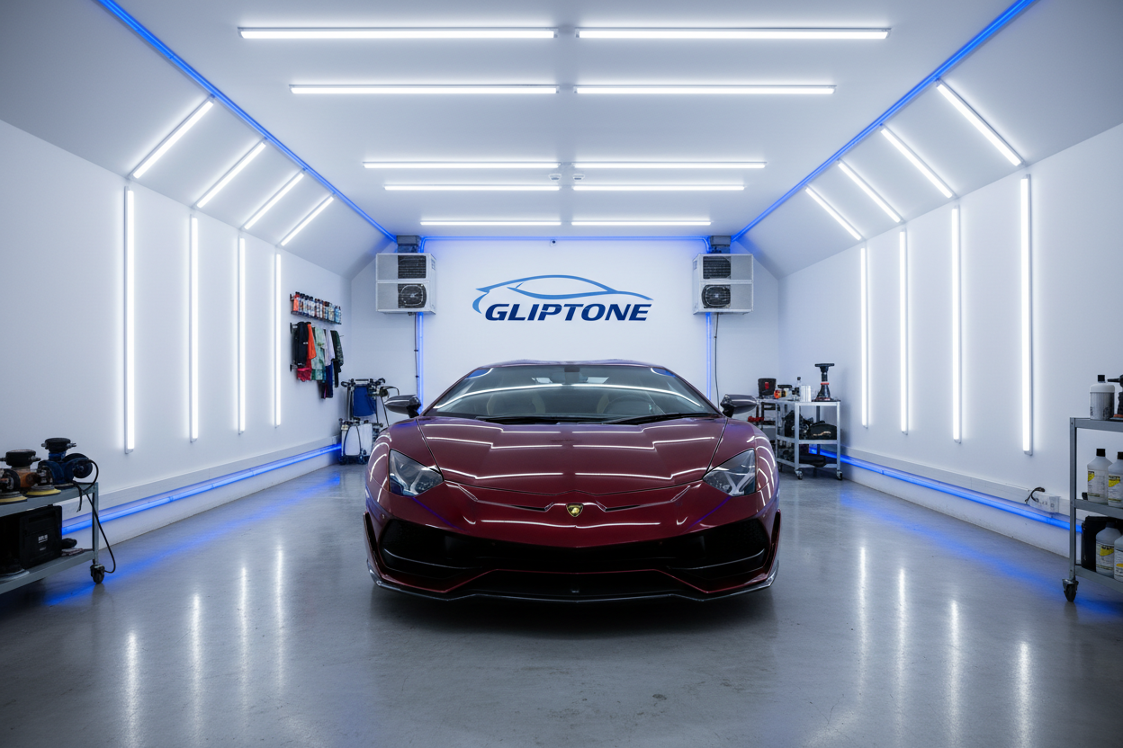 the gliptone studio with led lights and a meroon lamborghini car parked.